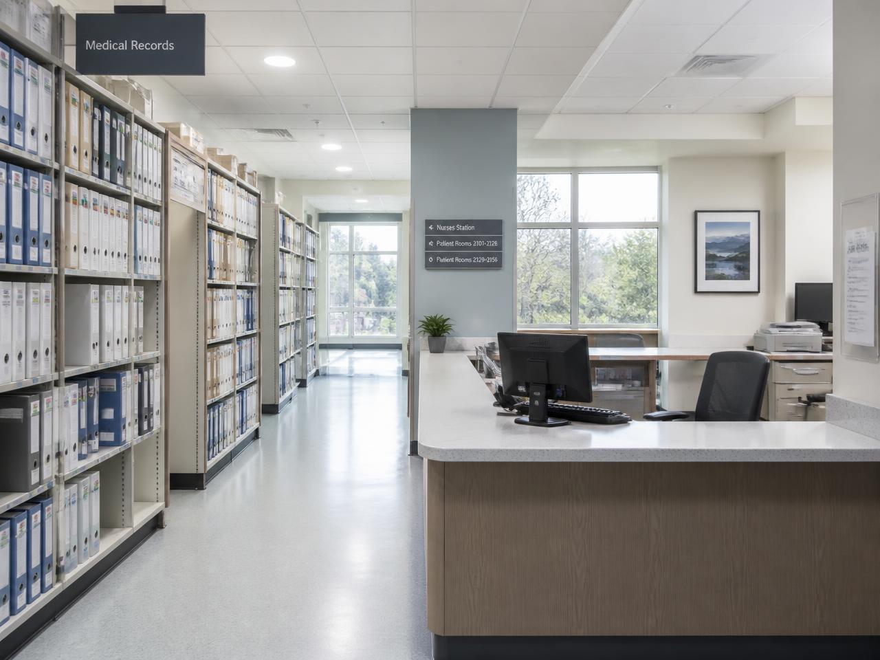 Hospital medical records room and nurses station in daylight